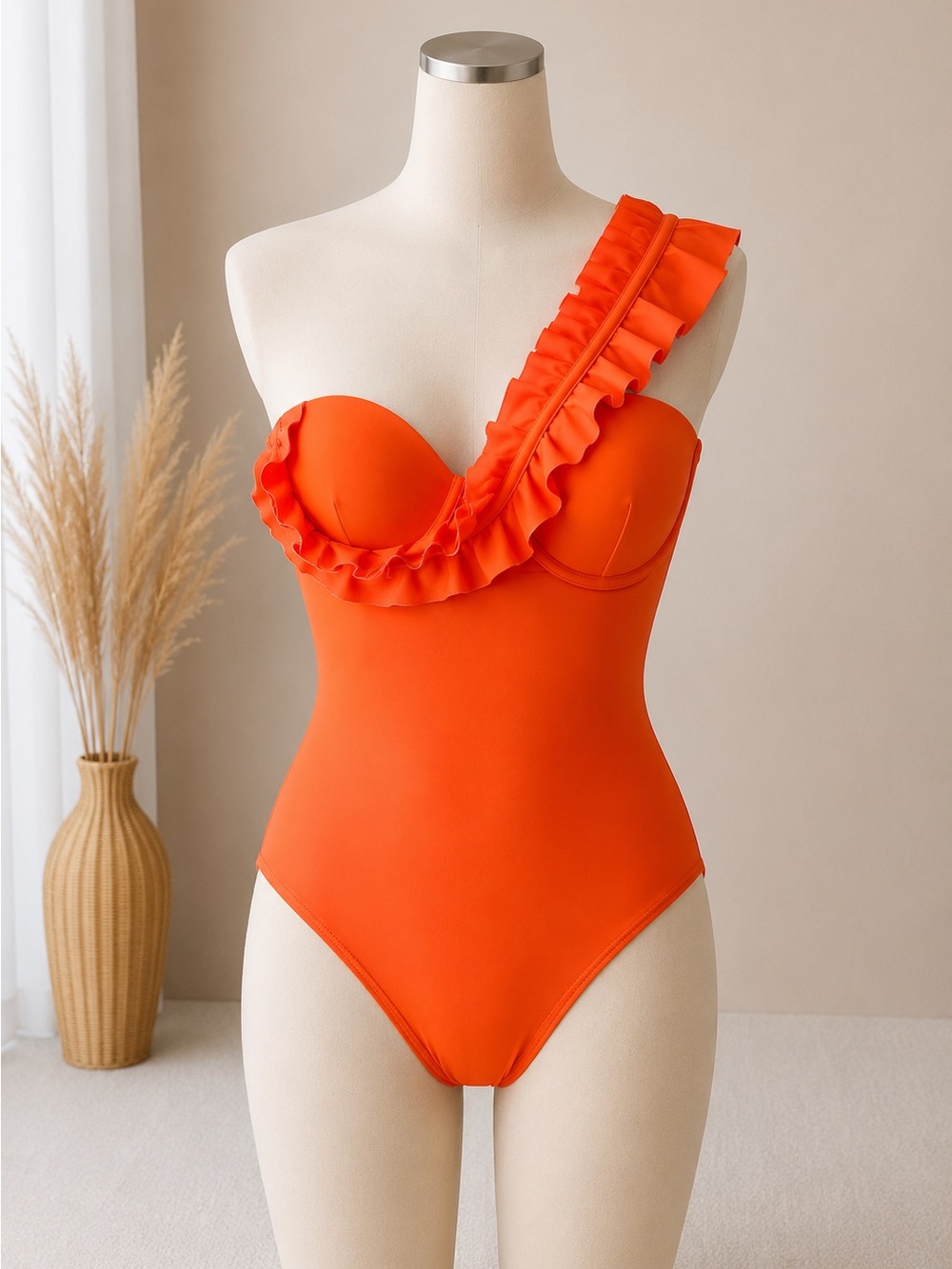 One-Piece Swimsuit with Ruffle Strap - Orange